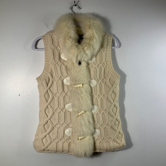 Womens Vintage St John Cashmere Knit Vest Rabbit Fox Fur Lined Cream S Flaw - Picture 1 of 7